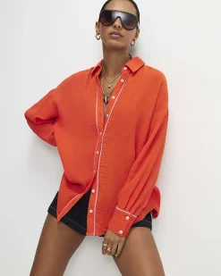 Orange Cotton Tie Back Beach Shirt