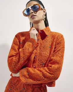 Orange Crochet Long Sleeve Embellished Shirt