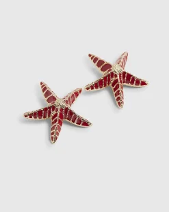 Orange Enamel Starfish Stud Earrings