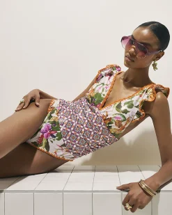 Orange Floral Frill Trim Swimsuit