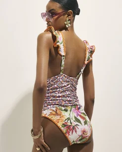 Orange Floral Frill Trim Swimsuit