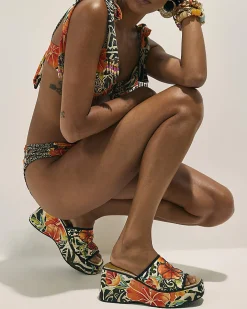 Orange Flower Print Mule Wedges