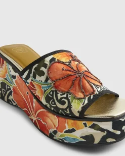Orange Flower Print Mule Wedges