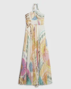 Orange Halter Neck Pleated Maxi Dress