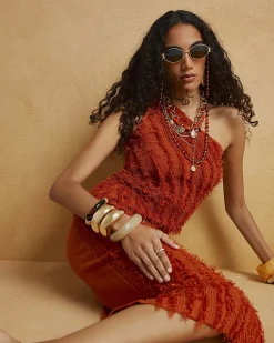 Orange Knitted Fringe Midi Skirt
