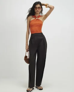 Orange Knitted Halter Neck Brooch Top
