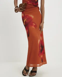 Orange Mesh Floral Print Maxi Skirt
