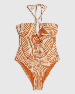 Orange Metallic Print Halter Neck Swimsuit
