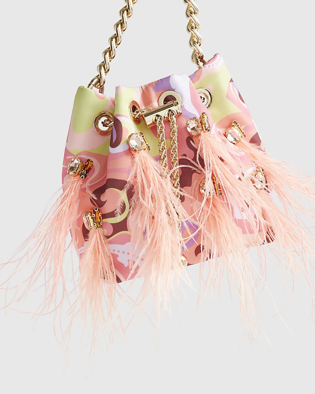 Orange Printed Gem Handle Bag