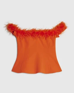 Orange Satin Bardot Feather Trim Corset Top