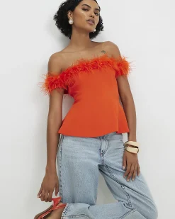 Orange Satin Bardot Feather Trim Corset Top