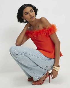 Orange Satin Bardot Feather Trim Corset Top