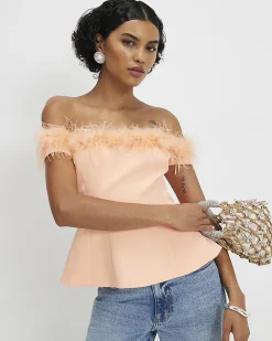 Orange Satin Bardot Feather Trim Corset Top