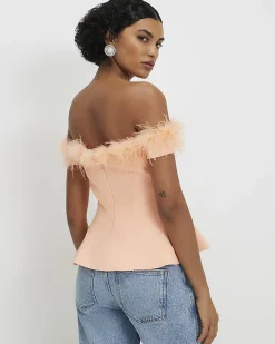 Orange Satin Bardot Feather Trim Corset Top