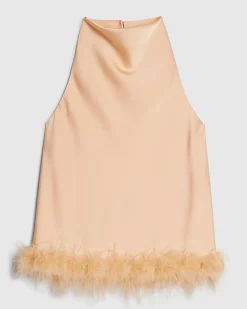 Orange Satin Cowl Halter Neck Feather Top