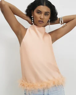 Orange Satin Cowl Halter Neck Feather Top