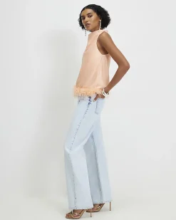 Orange Satin Cowl Halter Neck Feather Top