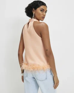 Orange Satin Cowl Halter Neck Feather Top