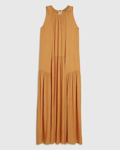 Orange Satin Sleeveless Halter Midi Dress