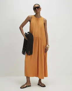 Orange Satin Sleeveless Halter Midi Dress