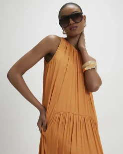 Orange Satin Sleeveless Halter Midi Dress
