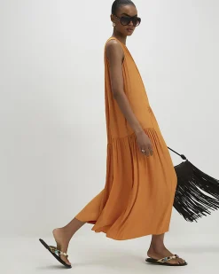Orange Satin Sleeveless Halter Midi Dress