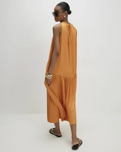 Orange Satin Sleeveless Halter Midi Dress