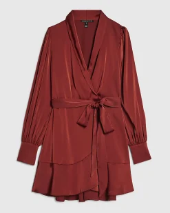 Orange Satin Wrap Front Mini Dress