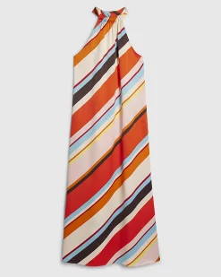 Orange Stripe Halter Neck Satin Maxi Dress