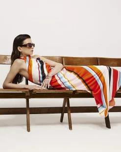 Orange Stripe Halter Neck Satin Maxi Dress