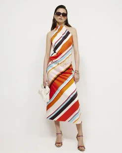Orange Stripe Halter Neck Satin Maxi Dress