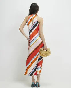 Orange Stripe Halter Neck Satin Maxi Dress