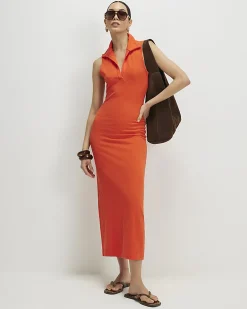 Orange Textured Sleeveless Polo Maxi Dress