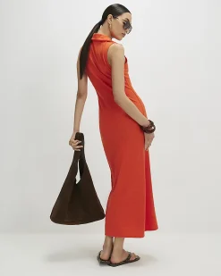 Orange Textured Sleeveless Polo Maxi Dress