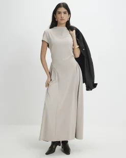 Petite Beige Fitted Waist Maxi Dress