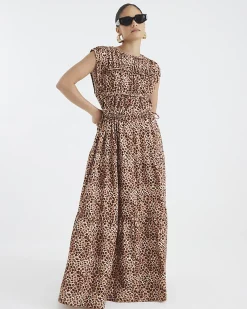 Petite Beige Leopard Print Tiered Maxi Dress