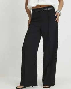Petite Black Belted Straight Leg Trousers
