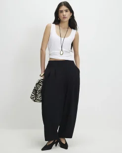 Petite Black Pleated Balloon Leg Trousers