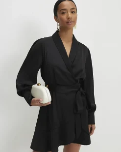 Petite Black Wrap Front Mini Dress