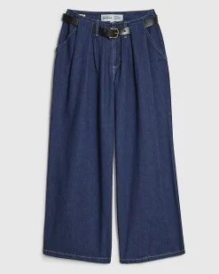 Petite Blue Belted Pleated Wide Leg Jeans