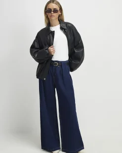 Petite Blue Belted Pleated Wide Leg Jeans