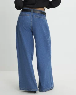 Petite Blue Belted Pleated Wide Leg Jeans