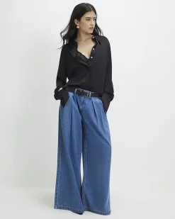 Petite Blue Belted Pleated Wide Leg Jeans