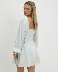 Petite Blue Broderie Daisy Mini Dress