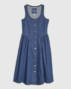 Petite Blue Denim Button Front Midi Dress