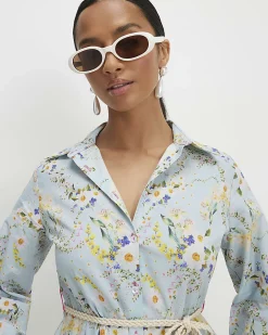 Petite Blue Floral Belted Shirt Mini Dress