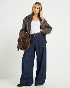 Petite Blue High Waisted Baggy Wide Leg Jeans
