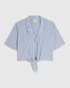Petite Blue Linen Blend Stripe Tie Shirt