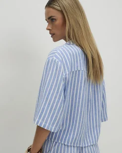 Petite Blue Linen Blend Stripe Tie Shirt