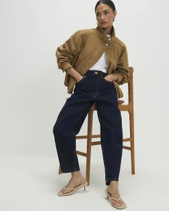 Petite Blue Mid Rise Barrel Leg Jeans